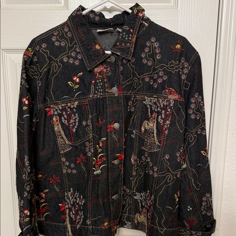 Chico's Black with Embroidered Oriental women and garden scene  Jean Jacket Boho